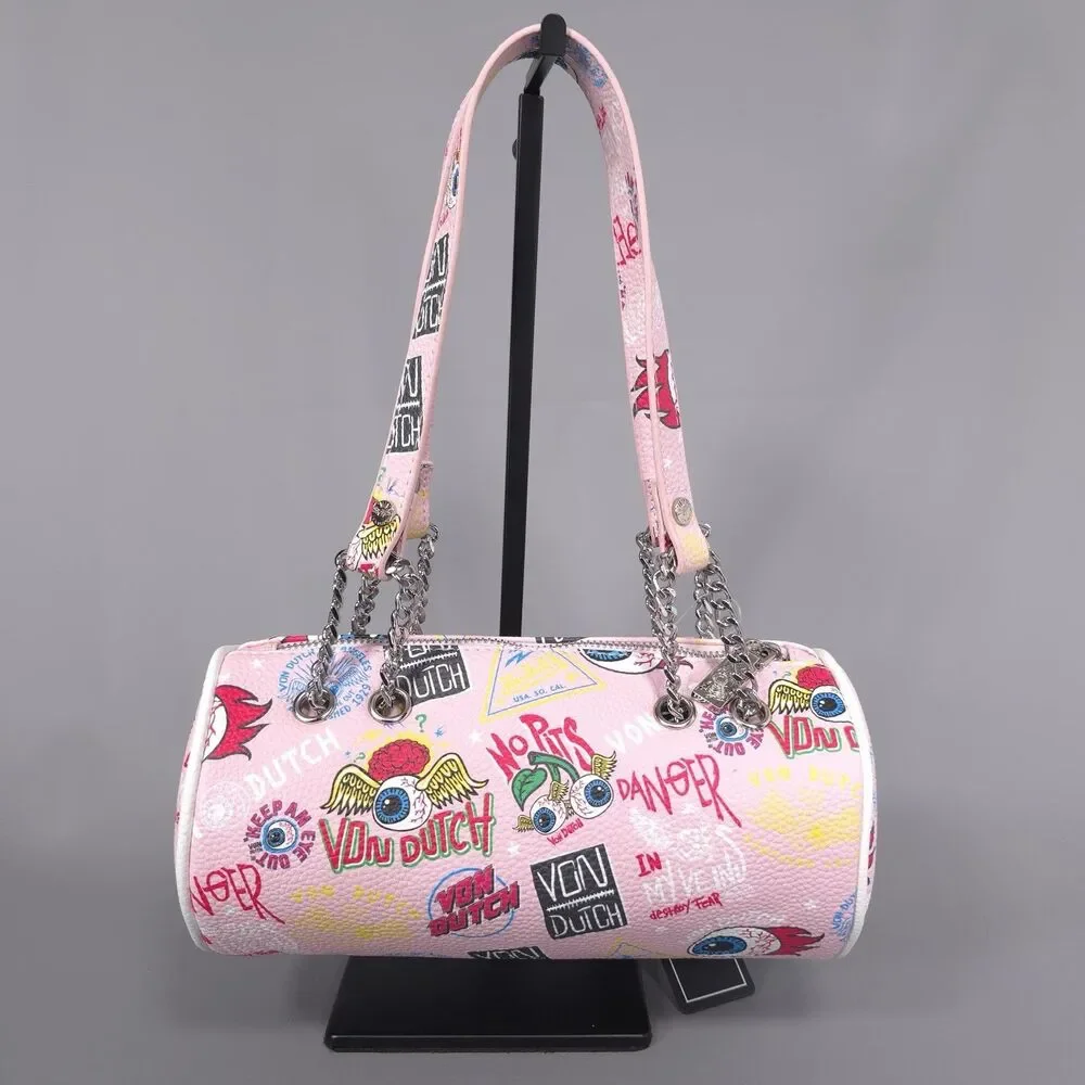 VON DUTCH New Shoulder Barrel Bag Pink Jax Logo Purse Handbag Faux Leather